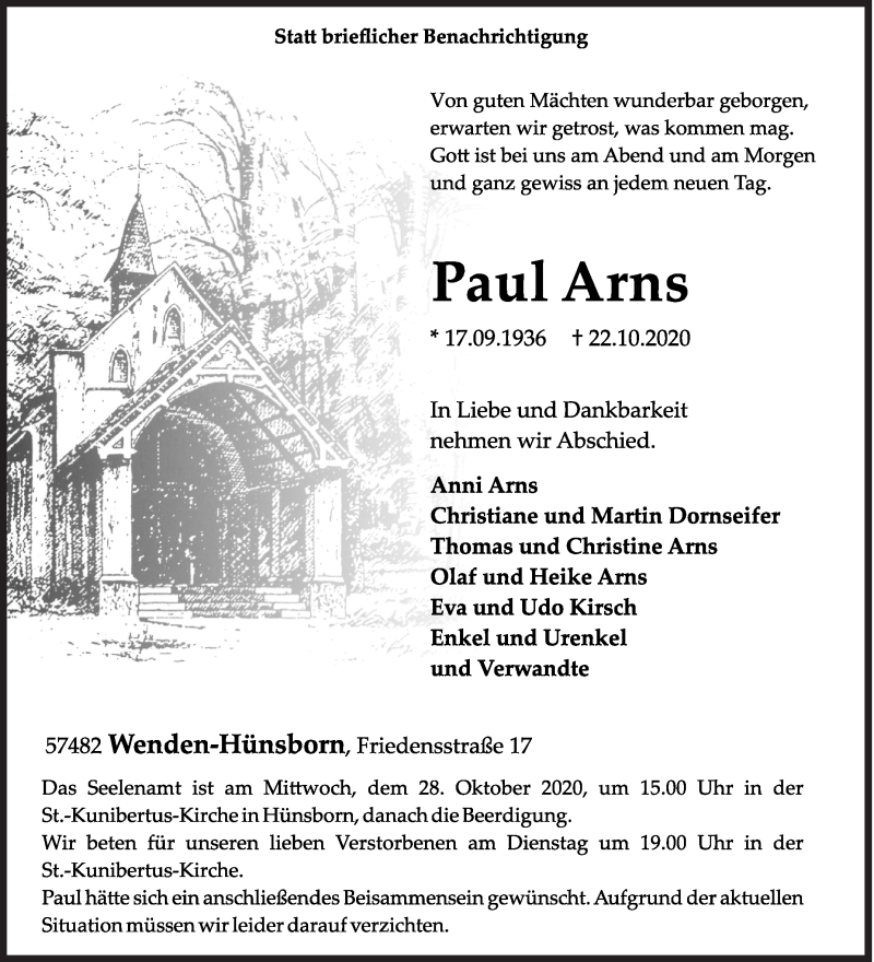  Traueranzeige für Paul Arns vom 24.10.2020 aus Siegener Zeitung