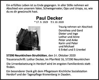 Traueranzeige von Paul Decker von Siegener Zeitung