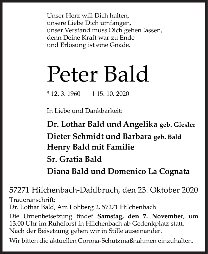 Traueranzeige für Peter Bald vom 23.10.2020 aus Siegener Zeitung