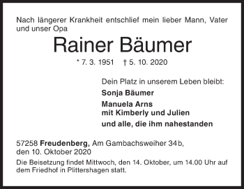 Traueranzeige von Rainer Bäumer von Siegener Zeitung