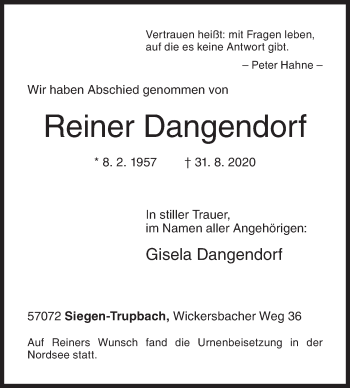 Traueranzeige von Reiner Dangendorf von Siegener Zeitung