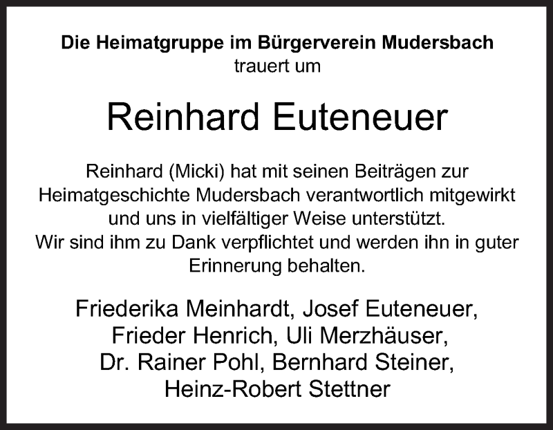  Traueranzeige für Reinhard Euteneuer vom 16.10.2020 aus Siegener Zeitung