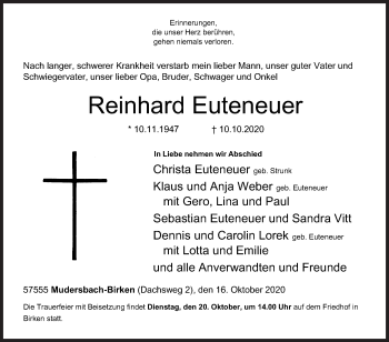 Traueranzeige von Reinhard Euteneuer von Siegener Zeitung