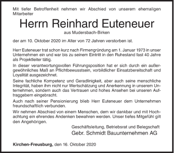 Traueranzeige von Reinhard Euteneuer von Siegener Zeitung
