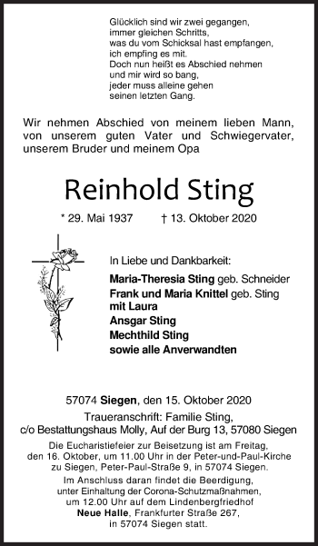 Traueranzeige von Reinhold Sting von Siegener Zeitung