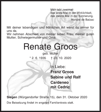 Traueranzeige von Renate Groos von Siegener Zeitung