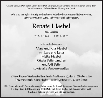 Traueranzeige von Renate Haebel von Siegener Zeitung