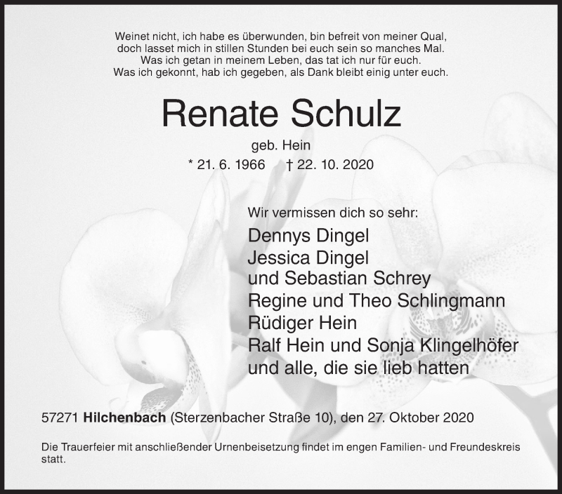  Traueranzeige für Renate Schulz vom 27.10.2020 aus Siegener Zeitung