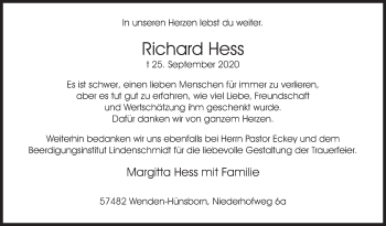 Traueranzeige von Richard Hess von Siegener Zeitung