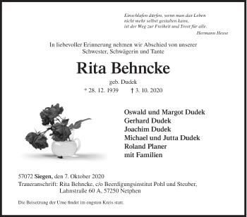 Traueranzeige von Rita Behncke von Siegener Zeitung