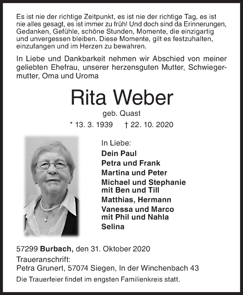  Traueranzeige für Rita Weber vom 31.10.2020 aus Siegener Zeitung