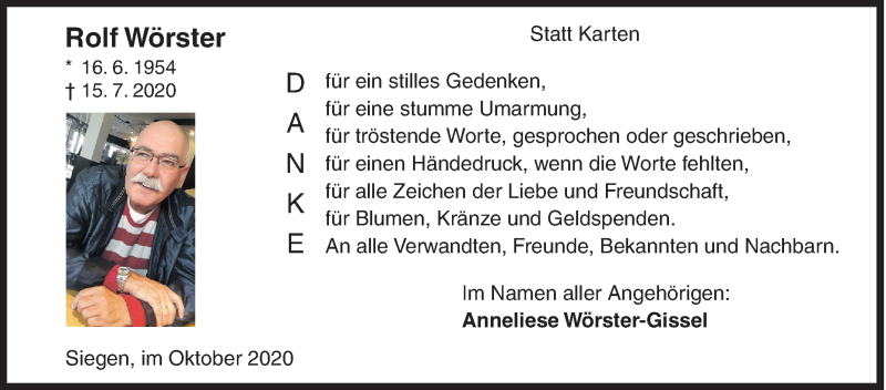  Traueranzeige für Rolf Wörster vom 14.10.2020 aus Siegener Zeitung