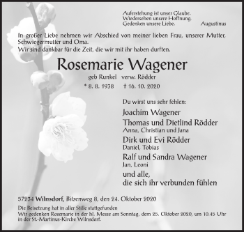 Traueranzeige von Rosemarie Wagener von Siegener Zeitung