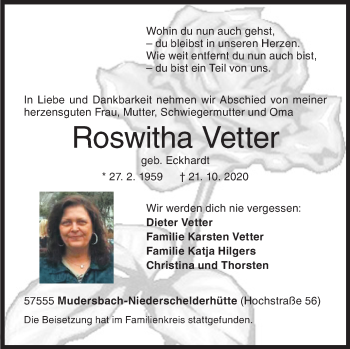 Traueranzeige von Roswitha Vetter von Siegener Zeitung