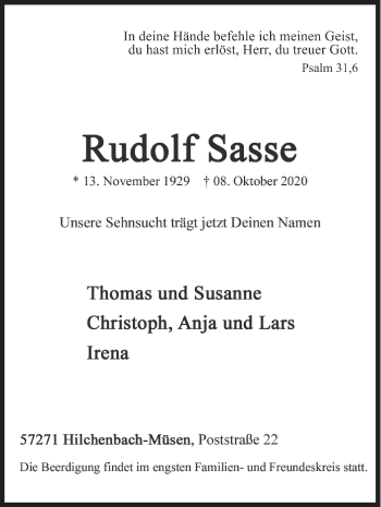 Traueranzeige von Rudolf Sasse von Siegener Zeitung