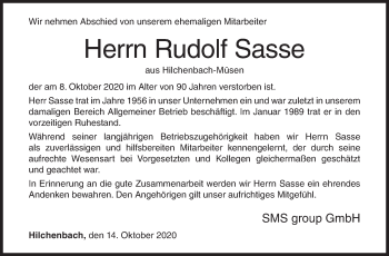Traueranzeige von Rudolf Sasse von Siegener Zeitung