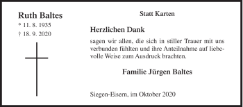 Traueranzeige von Ruth Baltes von Siegener Zeitung