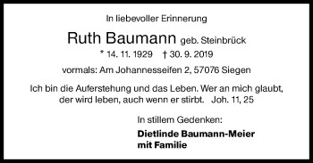 Traueranzeige von Ruth Baumann von Siegener Zeitung