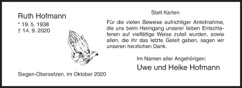 Traueranzeige von Ruth Hofmann von Siegener Zeitung