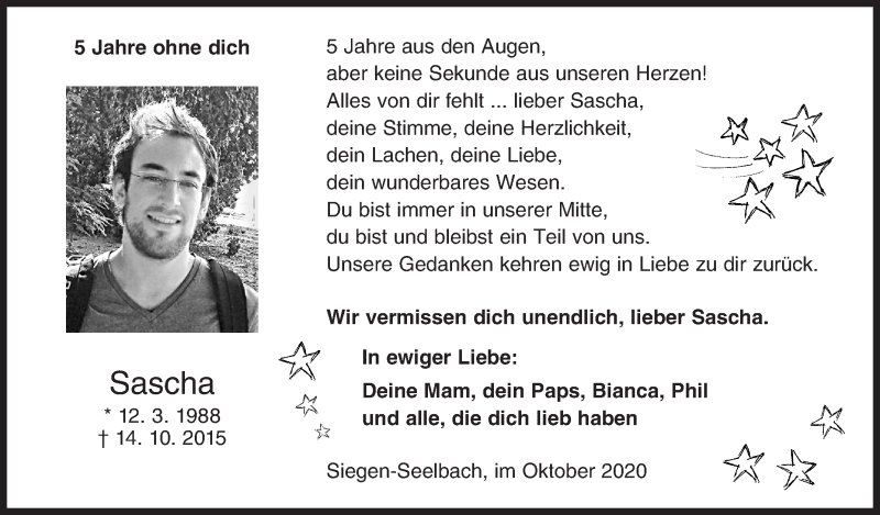  Traueranzeige für Sascha  vom 14.10.2020 aus Siegener Zeitung
