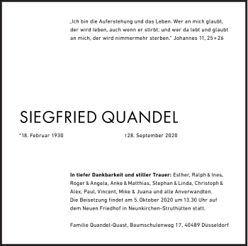Traueranzeige von Siegfried Quandel von Siegener Zeitung