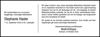 Traueranzeige von Stephanie Hasler von Siegener Zeitung