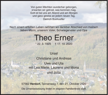 Traueranzeige von Theo Erner von Siegener Zeitung