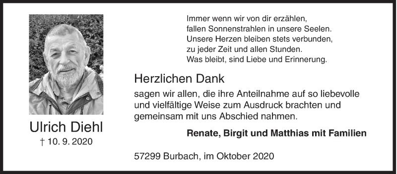  Traueranzeige für Ulrich Diehl vom 17.10.2020 aus Siegener Zeitung