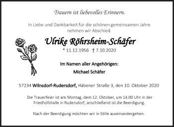 Traueranzeige von Ulrike Röhrsheim-Schäfer von Siegener Zeitung