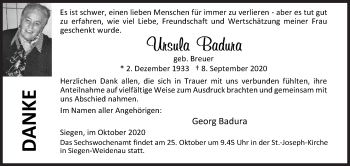Traueranzeige von Ursula Badura von Siegener Zeitung
