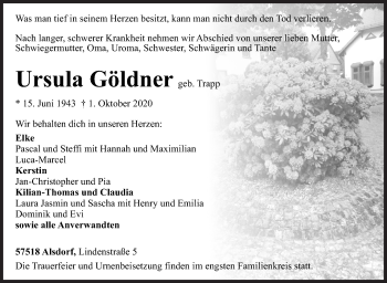 Traueranzeige von Ursula Göldner von Siegener Zeitung