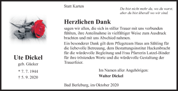 Traueranzeige von Ute Dickel von Siegener Zeitung