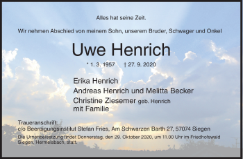 Traueranzeige von Uwe Henrich von Siegener Zeitung