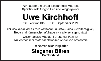 Traueranzeige von Uwe Kirchhoff von Siegener Zeitung
