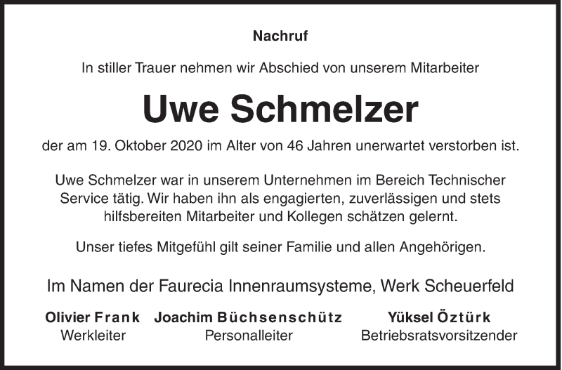  Traueranzeige für Uwe Schmelzer vom 23.10.2020 aus Siegener Zeitung