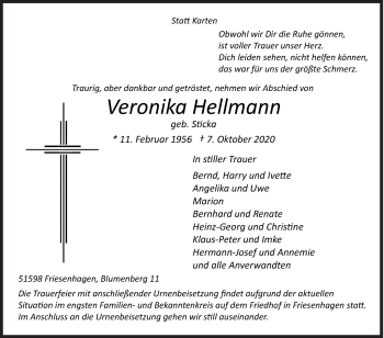 Traueranzeige von Veronika Hellmann von Siegener Zeitung