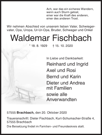 Traueranzeige von Waldemar Fischbach von Siegener Zeitung