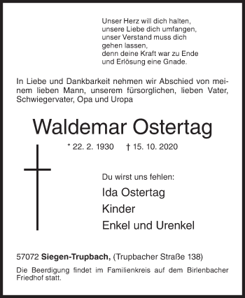 Traueranzeige von Waldemar Ostertag von Siegener Zeitung