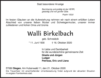 Traueranzeige von Walli Birkelbach von Siegener Zeitung
