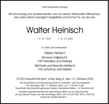 Traueranzeige von Walter Heinisch von Siegener Zeitung