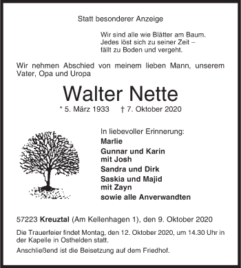 Traueranzeige von Walter Nette von Siegener Zeitung