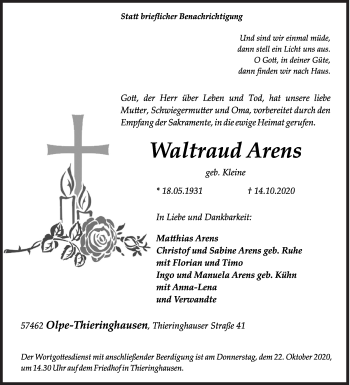 Traueranzeige von Waltraud Arens von Siegener Zeitung