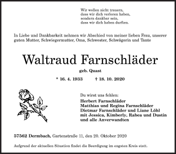 Traueranzeige von Waltraud Farnschläder von Siegener Zeitung