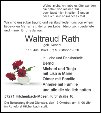 Traueranzeige von Waltraud Rath von Siegener Zeitung