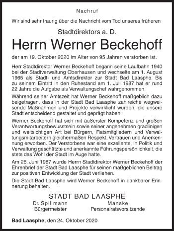 Traueranzeige von Werner Beckehoff von Siegener Zeitung