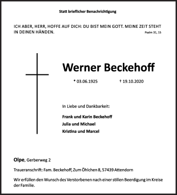 Traueranzeige von Werner Beckehoff von Siegener Zeitung