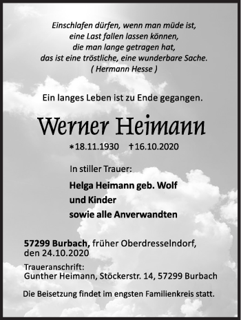 Traueranzeige von Werner Heimann von Siegener Zeitung