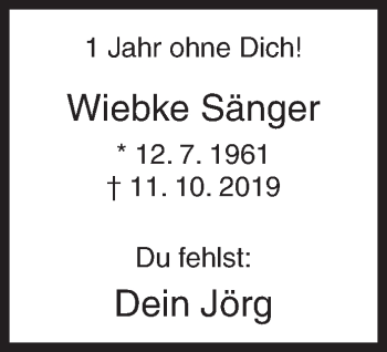 Traueranzeige von Wiebke Sänger von Siegener Zeitung