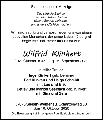 Traueranzeige von Wilerid Klinkert von Siegener Zeitung