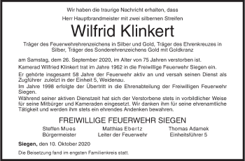 Traueranzeige von Wilfrid Klinkert von Siegener Zeitung